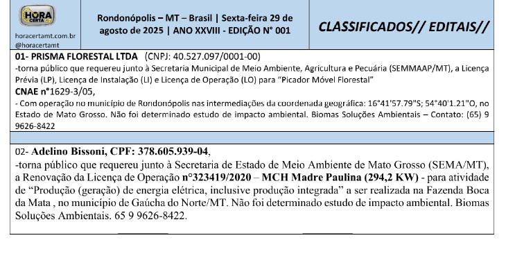 EDITAL | EDITAL DE LICENÇA AMBIENTAL Nº 29082501